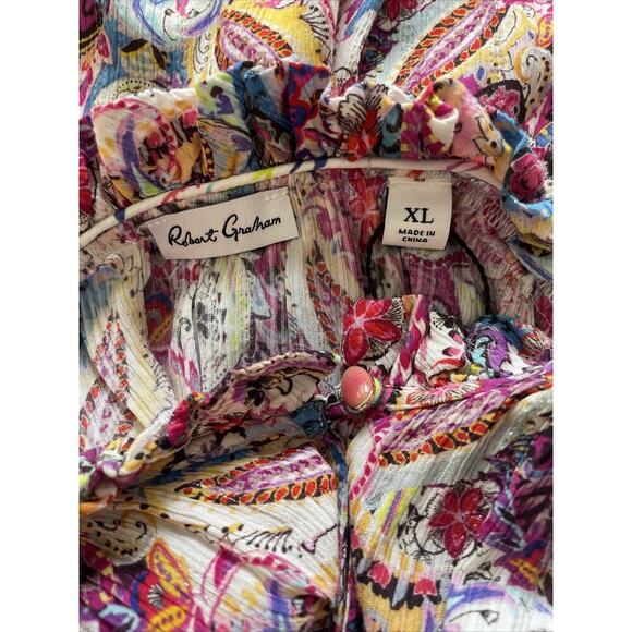Robert Graham Women’s Blouse XL Paisley Print Pink Flutter Short Sleeve Top $248 - Picture 7 of 8
